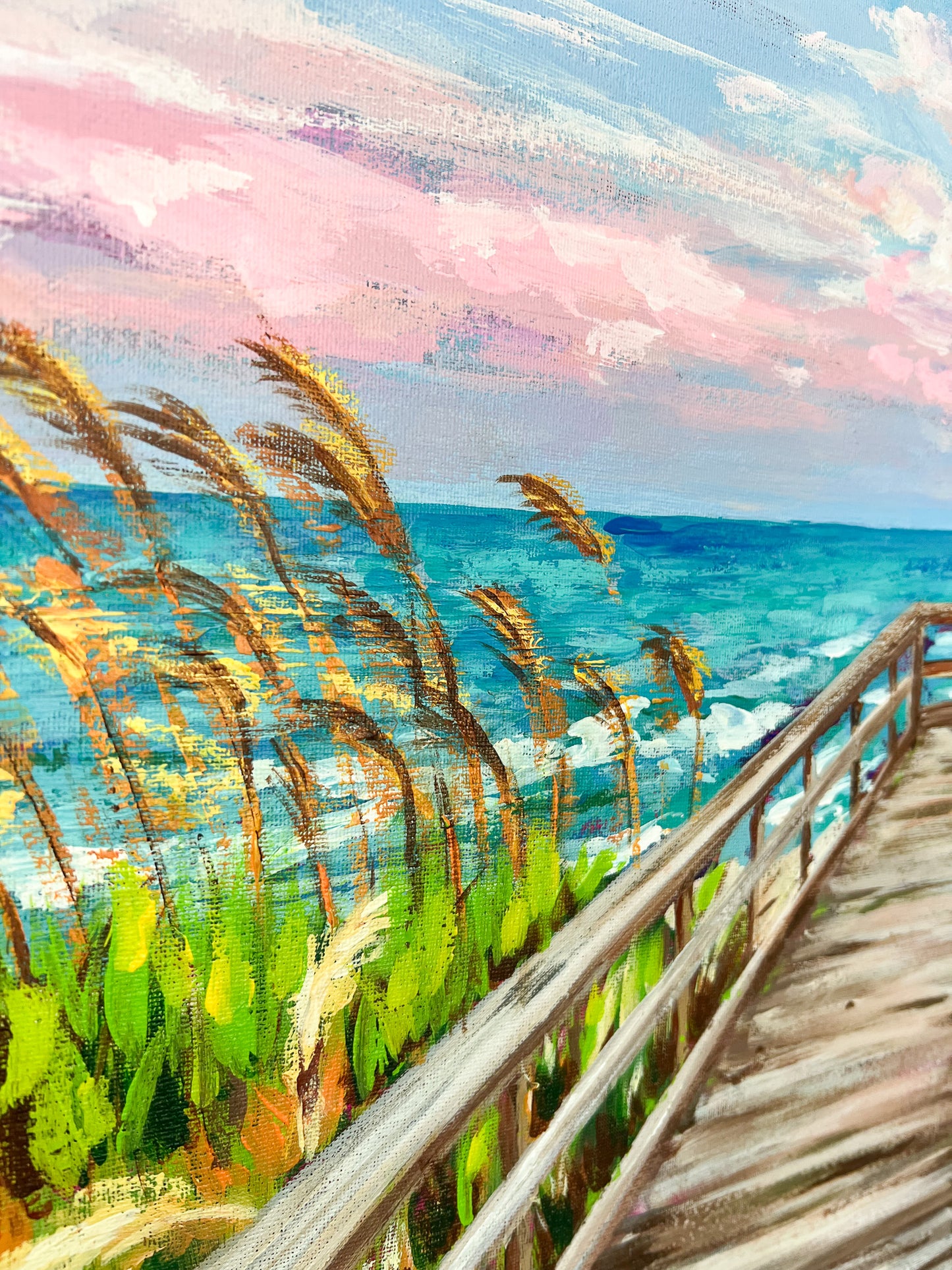 acrylic painting on canvas of beach foliage at sunset