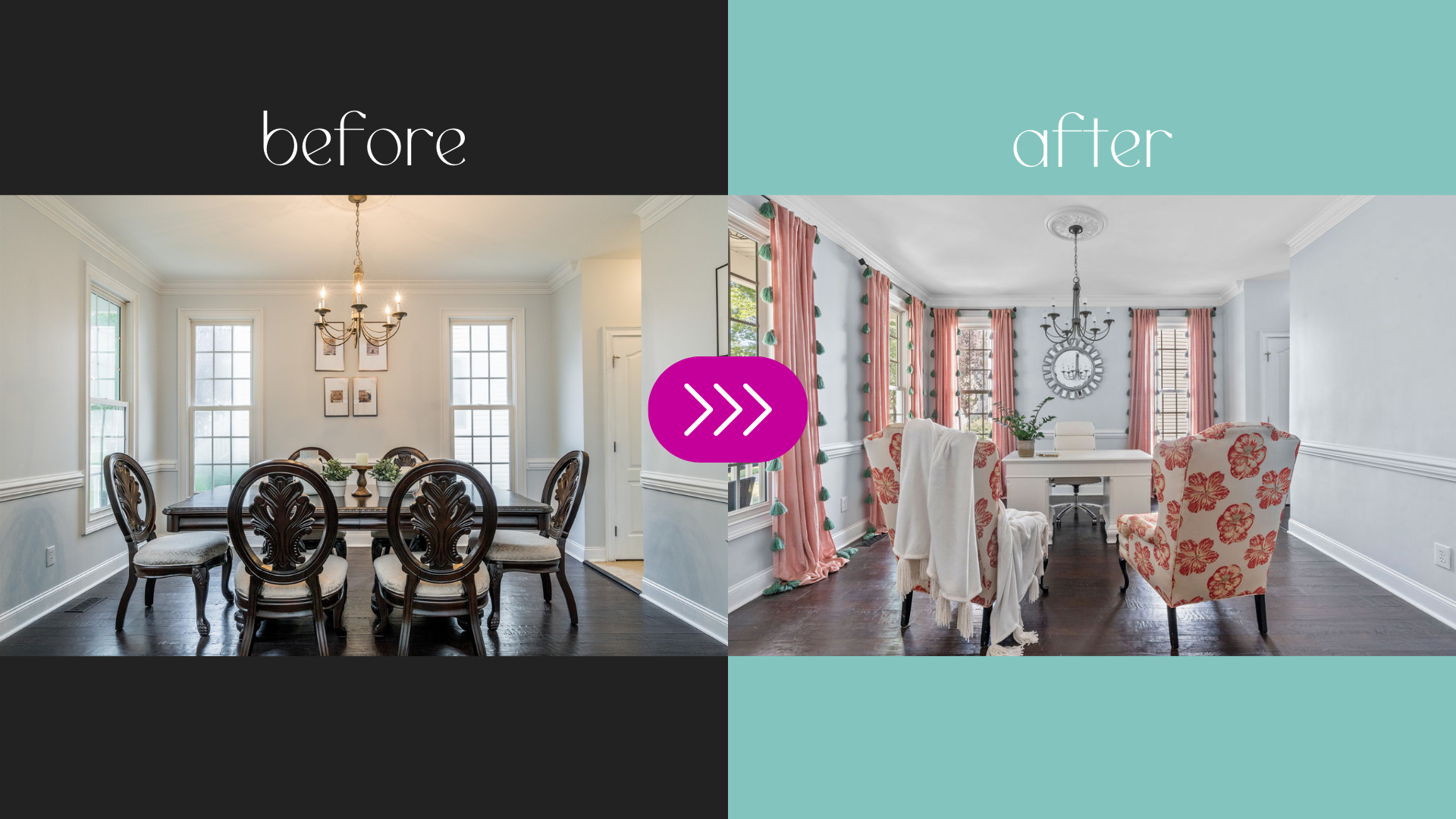 before after photo graphic of a dining room turned into an office staging by swanky studios