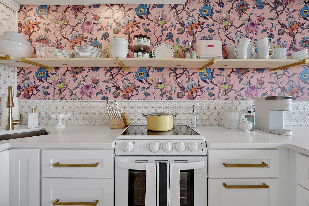 kitchenette with open shelves and eclectic kitchenware