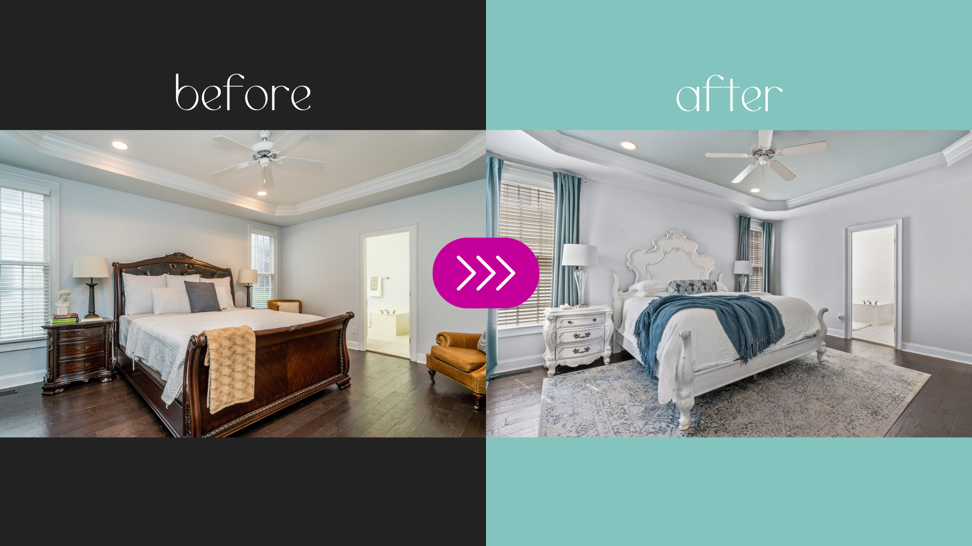 before after photo graphic of a bedroom staging by swanky studios