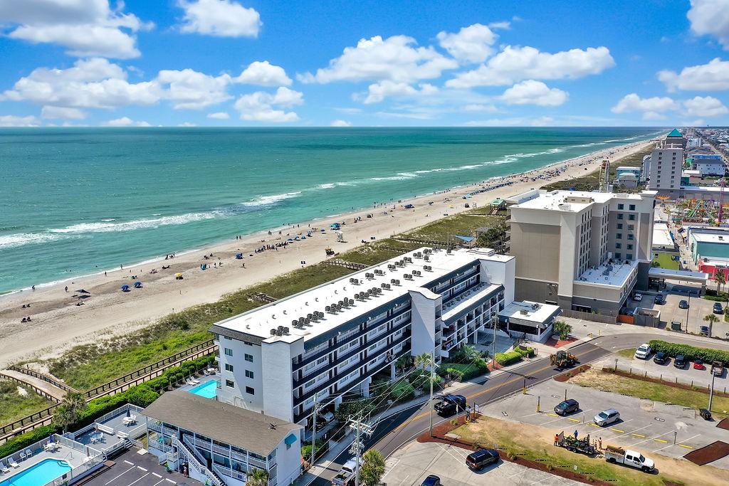 aerial image of boardwalk bungalow rental building on carolina beach